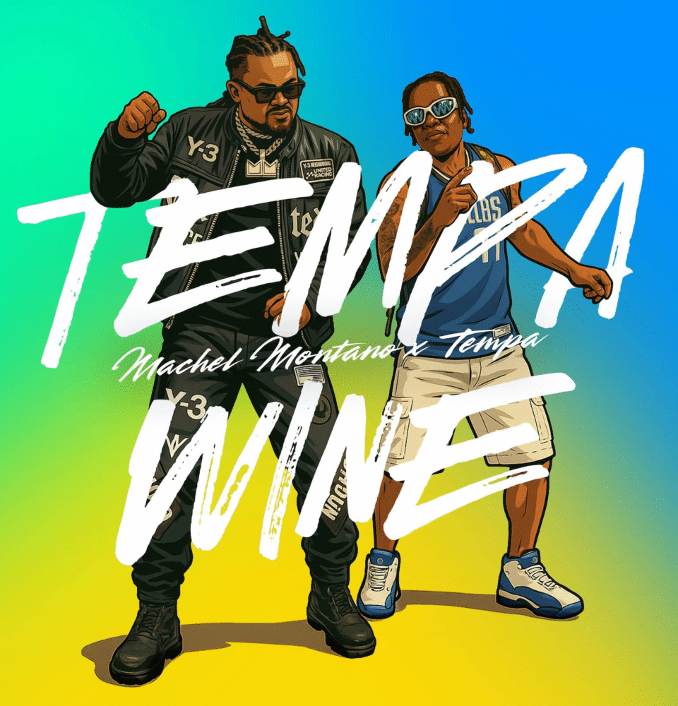 Cover art for the single ‘Tempa Wine’ featuring two illustrated artists dancing on a colourful gradient background.