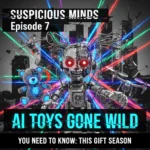 A colorful lineup of AI-powered children’s toys displayed on a festive holiday table.